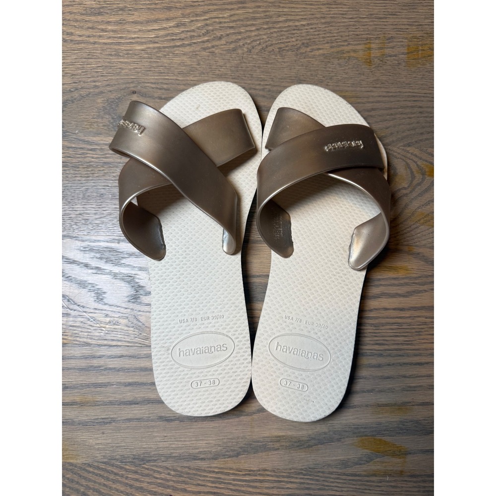 Havaianas Aqua Slide Sandals Metallic Bronze Crisscross Women 7/8 37/38